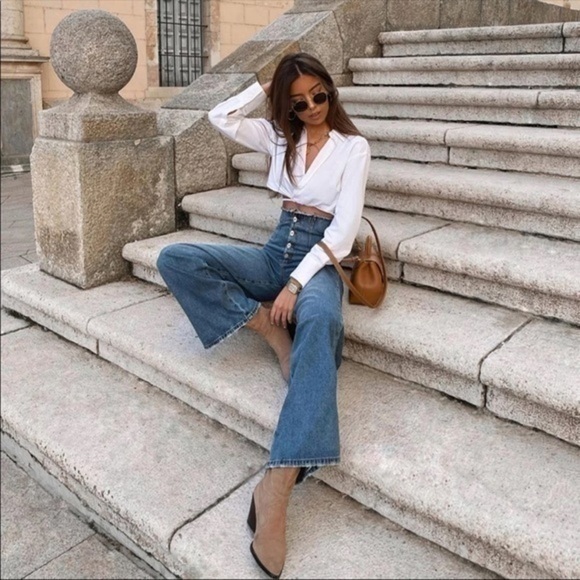 White Long Sleeve Cropped Shirt Waist Tie Small - Picture 2 of 10